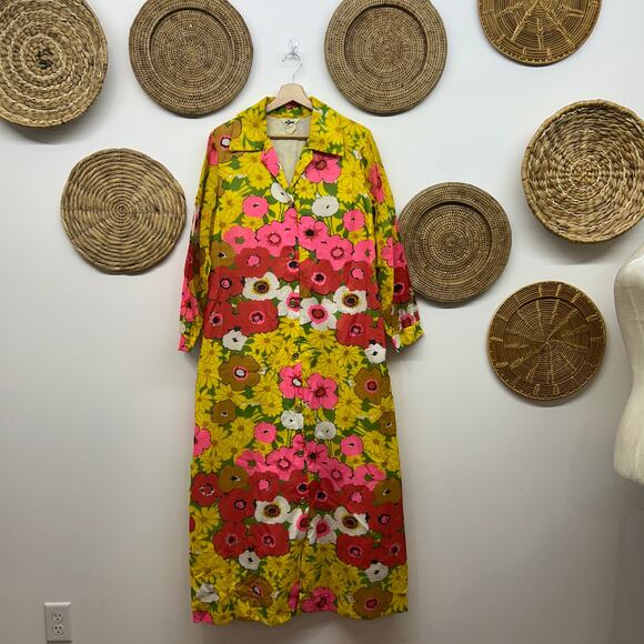 True Vintage 70s Mr Jac Long Maxi Dress 16 Retro Flower Floral Colorful Button - Picture 2 of 8